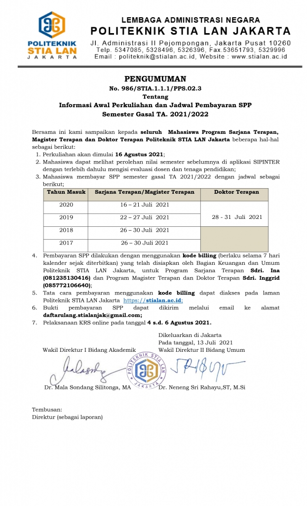 PENGUMUMAN Pembayaran SPP Gasal 2021 – Politeknik STIA LAN Jakarta